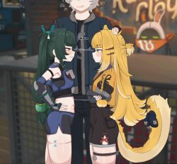 1boy 2girls absurdres animal_ear_fluff animal_ears arm_guards armor bangboo_(zenless_zone_zero) bangboo_18_(zenless_zone_zero) beads bikini_armor blue_jacket blush_stickers braided_sidelock braided_sidelocks clenched_teeth commentary_request crossed_arms elbow_pads facing_another feet_out_of_frame flying_sweatdrops green_eyes green_hair hair_beads hair_ornament hands_on_own_hips head_out_of_frame heartbee height highres jacket ju_fufu korean_commentary loli midriff multiple_girls navel nervous_sweating orange_hair orange_jacket pom_pom_(clothes) qingyi_(zenless_zone_zero) ribbon short_shorts shorts shoulder_armor skindentation staring sweat tail tail_ornament tail_raised tail_ribbon teeth thigh_strap tiger_ears tiger_girl tiger_stripes tiger_tail twintails wise_(zenless_zone_zero) zenless_zone_zero