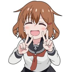 1girl anchor_symbol black_sailor_collar black_skirt blush brown_hair closed_eyes double_v fang fingernails hair_between_eyes hair_ornament hairclip ikazuchi_(kancolle) kantai_collection long_sleeves neckerchief open_mouth pleated_skirt red_neckerchief sailor_collar school_uniform serafuku short_hair simple_background skirt smile solo sugapi upper_body v white_background