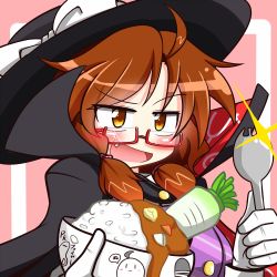 &gt;:d 1girl :d ahoge bowl brown_eyes brown_hair cape cocked_eyebrow curry curry_rice daikon fang female_focus food glasses glint gloves hat open_mouth radish raised_eyebrow rice rindou_(p41neko) semi-rimless_eyewear short_hair simple_background smile solo spork touhou usami_sumireko v-shaped_eyebrows white_gloves