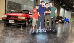 4boys absurdres black_eyes black_footwear black_hair black_pants black_shirt blue_car blue_shirt brown_pants car character_request collarbone collared_shirt convertible eunos_roadster green_shirt grey_footwear grey_shorts highres hisano_(hisano_ff14) initial_d looking_at_viewer male_focus mazda mazda_mx-5 mazda_mx-5_na mercedes-benz mercedes-benz_190e motor_vehicle multiple_boys nakazato_takeshi nissan nissan_skyline nissan_skyline_gt-r nissan_skyline_r32 pants red_car red_shirt shirt shoes shorts smile sneakers sports_car suetsugu_toru takeuchi_itsuki toyota toyota_sprinter_trueno v