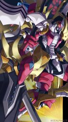absurdres armor artist_name black_armor black_border border character_request duel_monster highres mecha red_armor robot solo yellow_background yu-gi-oh! zealmaker