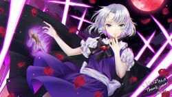Rule 34 | 1girl, back bow, black cape, black ribbon, bow, cape, collared shirt, cross, drill hair, drill sidelocks, falling petals, frilled shirt collar, frills, full moon, grey eyes, grey hair, holding, holding cross, kioh gyoku, kirisita, moon, muse (seihou), neck ribbon, outdoors, petals, puffy short sleeves, puffy sleeves, purple skirt, purple vest, red moon, ribbon, seihou, shirt, short hair, short sleeves, sidelocks, skirt, solo, vest, voodoo doll, waist bow, white bow, white shirt