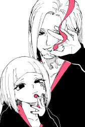 1boy 1girl :/ candy cigarette commentary_request ear_piercing facial_hair facial_tattoo food goatee highres lollipop looking_at_viewer monochrome original piercing short_hair smoking spot_color tattoo untsuku upper_body
