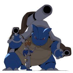 1boy arm_cannon blastoise blue_jacket blue_oak brown_hair creatures_(company) full_body game_freak gen_1_pokemon highres jacket mega_blastoise mega_pokemon nintendo pants pokemon pokemon_(creature) pokemon_masters_ex psaber97 red_eyes shirt simple_background spiked_hair turtle weapon white_background white_jacket white_pants white_shirt