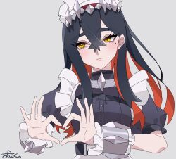 1girl alternate_costume black_dress black_hair blush carmine_(pokemon) closed_mouth colored_inner_hair crossed_bangs dress eyelashes four-finger_heart_hands hair_between_eyes heart heart_hands highres long_hair maid mole mole_under_eye multicolored_hair ninkou_tan nintendo pokemon pokemon_sv puffy_short_sleeves puffy_sleeves red_hair short_sleeves solo two-tone_hair upper_body