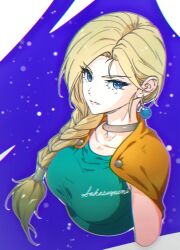 1girl aqua_dress artist_name bianca_(dq5) blonde_hair blue_background blue_eyes blue_gemstone braid breasts cape choker chromatic_aberration closed_mouth collarbone commentary_request dragon_quest dragon_quest_v dress earrings gem highres jewelry large_breasts looking_at_viewer looking_to_the_side metal_hair_tubes orange_cape parted_hair silver_choker single_braid solo sphere_earrings tamago_tomato upper_body white_background