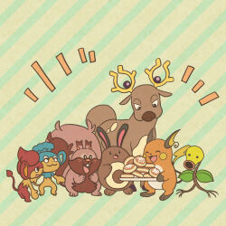 :3 antlers bellsprout buck_teeth closed_eyes closed_mouth commentary_request food gen_1_pokemon gen_2_pokemon gen_5_pokemon gen_8_pokemon greedent holding holding_plate horns malasada mojacookie nintendo no_humans notice_lines official_art open_mouth panpour pansear plate pokemon pokemon_(anime) pokemon_(creature) pokemon_focus pokemon_journeys raichu second-party_source sentret smile stantler striped_background teeth
