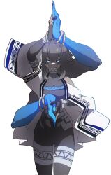 1girl 1other bare_shoulders black_bodysuit blue_eyes blue_skin body_markings bodysuit character_request clothing_request colored_skin facepaint fingerless_gloves fingernails gloves glowing glowing_eyes grey_hair grey_skin highres long_bangs long_fingernails monochrome original patterned_clothing perspective slit_pupils spirit tribal yamunashi_(soregoshi)