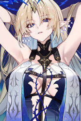 1girl armpits arms_behind_head arms_up bare_shoulders black_collar blonde_hair blue_eyes blue_hair breast_curtains breasts collar colored_inner_hair commentary crown_of_thorns earrings fleurdelys_(wuthering_waves) floating_earrings highres horns huge_breasts jewelry kurisu~tina long_hair looking_at_viewer multicolored_hair necklace parted_bangs parted_lips pointy_ears single_horn solo tacet_mark_(wuthering_waves) upper_body very_long_hair wuthering_waves yellow_horns