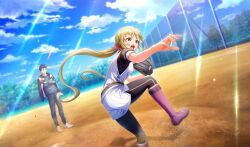 1boy 1girl baseball_field baseball_glove baseball_uniform belt black_hair black_pants black_undershirt blonde_hair blurry boots brown_belt brown_footwear cinderella_series cloud crossed_arms day depth_of_field dust_cloud dutch_angle film_grain game_cg grey_shirt hachigatsu_no_cinderella_nine hifumi_yuri highres jacket jacket_on_shoulders light_particles light_rays long_hair long_sleeves looking_ahead low_twintails net non-web_source official_art open_mouth outdoors pants pants_under_shorts pitching pitching_mound playing_sports red_eyes shirt shirt_under_shirt short_sleeves shorts sky sleeveless sleeveless_shirt solo_focus sportswear standing striped_clothes striped_shirt striped_shorts sunbeam sunlight twintails v-shaped_eyebrows
