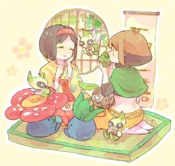 2girls ^_^ antenna_hair black_hair brown_eyes brown_hair capelet capri_pants celebi closed_eyes closed_mouth creatures_(company) cup drinking erika_(pokemon) game_freak gardenia_(pokemon) gen_1_pokemon gen_2_pokemon gen_3_pokemon green_capelet hairband hakama hakama_skirt hand_on_own_face hand_up holding holding_cup japanese_clothes katiko legendary_pokemon long_sleeves multicolored_hair multiple_girls mythical_pokemon nintendo no_nose nuzleaf oddish orange_pants pants pokemon pokemon_(creature) pokemon_dppt pokemon_frlg red_hairband red_hakama short_hair sitting skirt smile two-tone_hair vileplume wariza wide_sleeves