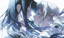 2girls azusawa_kohane black_hair blonde_hair bubble chromatic_aberration closed_eyes eye_contact face-to-face floating_hair from_side hair_ribbon hand_on_another&#039;s_cheek hand_on_another&#039;s_face imminent_kiss long_hair looking_at_another multiple_girls parted_lips pepengeq13 portrait profile project_sekai red_ribbon ribbon shiraishi_an short_hair short_twintails simple_background twintails water_drop white_background yuri