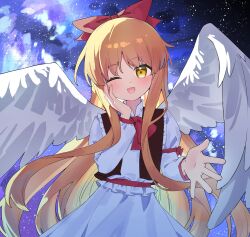 1girl absurdres angel_wings blonde_hair blush bow bowtie commentary feathered_wings gengetsu_(touhou) hair_bow highres kitahara_(pixiv_19528441) long_hair long_sleeves looking_at_viewer one_eye_closed open_mouth red_bow red_bowtie shirt skirt smile solo touhou touhou_(pc-98) very_long_hair white_shirt white_skirt white_wings wings yellow_eyes
