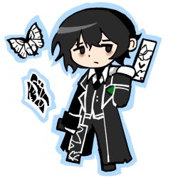 1boy :/ animal_print armband black_butterfly black_cat black_hair black_vest blue_outline bug butterfly cat chibi chibi_only collared_shirt double-parted_bangs dual_wielding e.g.o_(project_moon) formal_clothes full_body green_armband hair_between_eyes highres holding insect limbus_company male_focus neuronolc outline project_moon shirt short_hair solemn_lament_(e.g.o) solo suit vest white_butterfly white_shirt yi_sang_(project_moon)