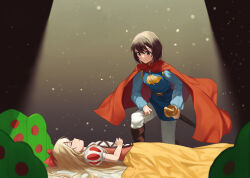 2girls absurdres arm_on_own_leg belt bent_over blonde_hair blouse blue_brooch blue_gemstone blue_shirt boots bow brown_belt brown_eyes brown_hair cape clenched_hand closed_eyes closed_mouth corset cosplay decorations dress foil_(fencing) funami_yui gem gold_buckle gown hair_bow hair_ornament hand_on_own_stomach highres holding holding_sheath keibi_inu knee_boots knee_up light_particles long_hair long_shirt long_sleeves looking_at_another lying multiple_girls on_back pants puffy_sleeves red_bow red_cape scene_reference shadow sheath shirt short_hair short_sleeves simple_background sleeping smile snow_white_(disney) snow_white_(disney)_(cosplay) snow_white_and_the_seven_dwarfs_(disney) spotlight stage sword the_prince_(disney) the_prince_(disney)_(cosplay) toshinou_kyouko weapon white_pants white_shirt yellow_dress yuri yuruyuri