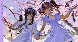 2girls absurdres alternate_costume antenna_hair apron black_hair blue_sky blunt_bangs bow bright_pupils brown_hair camcorder camera cardcaptor_sakura cardigan cherry_blossoms chinese_commentary choker closed_mouth collarbone colored_eyelashes commentary_request copyright_name cowboy_shot daidouji_tomoyo day double_bun dress falling_petals flower frilled_hairband frilled_sleeves frilled_wrist_cuffs frills green_eyes hair_bow hair_bun hair_flower hair_intakes hair_ornament hairband highres holding holding_camera holding_hands interlocked_fingers juliet_sleeves kinomoto_sakura light_blush long_hair long_sidelocks long_sleeves looking_at_viewer multiple_girls neck_flower ouge_dz outdoors outstretched_hand parted_lips petals pink_flower pleated_dress pleated_sleeves puffy_sleeves purple_apron purple_bow purple_cardigan purple_choker purple_dress purple_flower purple_hairband purple_ribbon purple_wrist_cuffs red_ribbon ribbon short_dress short_hair short_sleeves short_twintails sidelocks sky smile spring_(season) square_neckline straight_hair string string_of_fate teeth tree twintails very_long_hair video_camera waist_apron waist_bow walking watermark weibo_watermark white_pupils wrist_cuffs