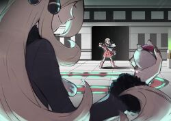 2girls black_dress blonde_hair boss_fight chikiso closed_mouth commentary_request cynthia_(pokemon) dawn_(pokemon) dress fur-trimmed_dress fur_trim highres holding holding_poke_ball in-universe_location indoors long_hair multiple_girls nintendo poke_ball poke_ball_(basic) pokemon pokemon_dppt pokemon_platinum smile