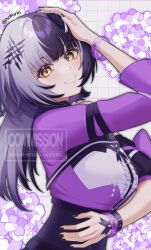 1girl black_hair black_nails bracelet commission grey_hair hazel_(hzlform) highres hololive hololive_english hololive_idol_uniform_(color_rise) idol_clothes jewelry long_hair looking_at_viewer multicolored_shirt purple_shirt shiori_novella shirt solo virtual_youtuber watermark white_shirt yellow_eyes