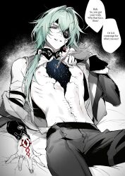 1boy anaxa_(honkai:_star_rail) aqua_hair blue_eyes cracked_skin eyepatch grin highres honkai:_star_rail honkai_(series) hwan_(mob_hwan) male_focus medium_hair nipples one_eye_covered pants partially_colored pink_pupils red_tattoo side_ponytail smile solo teeth
