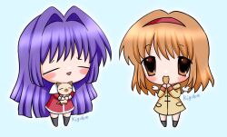 Rule 34 | 2girls, animal, artist name, black socks, black thighhighs, brown coat, brown eyes, brown hair, cat, chibi, chibi only, closed eyes, coat, detached wings, eating, food, food in mouth, full body, hair intakes, hairband, holding, holding animal, holding cat, holding food, kanon, kigidere, long hair, long sleeves, looking at viewer, minase nayuki, mini wings, multiple girls, open mouth, purple hair, red coat, red hairband, signature, socks, standing, thighhighs, tsukimiya ayu, very long hair, wings