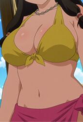 Rule 34 | 1girl, beach, bikini, breasts, brown hair, cleavage, front-tie bikini top, front-tie top, head out of frame, highres, large breasts, legs, long hair, navel, necktie, ocean, official style, saaya (suisei no gargantia), sarong, sideboob, solo, source request, suisei no gargantia, swimsuit, thighs, water, yellow bikini
