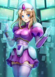 1girl absurdres blonde_hair blue_eyes breasts commission cowboy_shot dress hat highres holographic_interface kiwakiwa long_hair looking_at_viewer medium_breasts mega_man_(series) mega_man_x2 mega_man_x_(manga) mega_man_x_(series) nurse_cap pink_dress pixiv_commission short_dress silkie_(mega_man) solo thighhighs white_thighhighs
