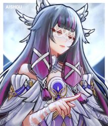 1girl absurdres ai_shou bare_shoulders black_hair closed_eyes columbina_(genshin_impact) commentary crescent detached_sleeves english_commentary eye_mask fatui_coat feathers fur_trim genshin_impact hair_ornament head_wings highres long_hair moon multicolored_hair night night_sky pink_hair sky solo streaked_hair two-tone_hair very_long_hair white_mask wings