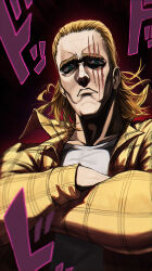 Rule 34 | 1boy, absurdres, blonde hair, blue eyes, closed mouth, crossed arms, hair slicked back, highres, jacket, king (one-punch man), looking at viewer, male focus, medium hair, one-punch man, re naya, scar, scar across eye, scar on face, shirt, solo, white shirt, yellow jacket