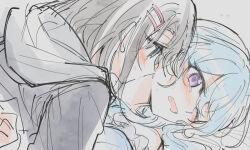 Rule 34 | 2girls, bang dream!, black hair, blue eyes, blue hair, blush, flying sweatdrops, grey background, grey hoodie, hair ornament, hairclip, hood, hoodie, kiss, kissing neck, long hair, matsubara kanon, multiple girls, okusawa misaki, opi, purple eyes, simple background, sweat, tears, upper body, yuri