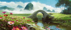 108_demon_kings arch_bridge architecture blue_sky bridge bush cloud day east_asian_architecture field flower fog foliage grass highres juliengeorgel landscape mountain mountainous_horizon nature no_humans original outdoors pink_flower scenery sky stone_bridge stream tree water wide_shot