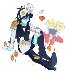 1boy 1other :| androgynous ant_tenna antenna_hair black_bow black_bowtie black_hair black_pants black_vest blue_skin bow bowtie closed_mouth colored_skin covered_eyes deltarune elbow_on_knee fire flying_sweatdrops fried_egg full_body heart highres knee_up kris_(deltarune) milk_carton other_focus pants shaded_face shirt short_hair simple_background sitting solo_focus soul_(deltarune) ttudolee vest white_background white_shirt