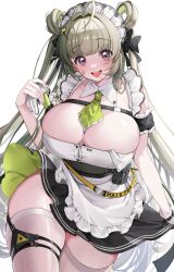 1girl antenna_hair apron ascot breast_strap breasts chest_strap cleavage close-up cowboy_shot detached_collar goddess_of_victory:_nikke green_ascot green_hair hair_ornament hashtag-only_commentary heart_antenna_hair highres huge_breasts long_hair looking_at_viewer maid maid_apron maid_headdress mole mole_on_breast open_mouth purple_eyes simple_background smile soda_(nikke) solo tarou_(komekueyo) thigh_strap thighhighs thighs two-tone_gloves very_long_hair watermark white_background