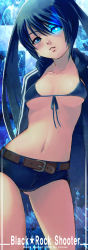 Rule 34 | 10s, 1girl, bad id, bad pixiv id, belt, black rock shooter, black rock shooter (character), breasts, cleavage, cloverpeia, female focus, glowing, glowing eyes, midriff, navel, short shorts, shorts, solo, twintails