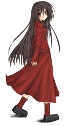 1girl alma_wade black_hair blush dress f.e.a.r. female_focus full_body highres long_hair long_sleeves looking_at_viewer looking_back niboss red_eyes simple_background sleeves_past_wrists solo