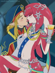 1boy 1girl blonde_hair blush breasts closed_eyes colored_skin earrings fish_girl french_kiss gills hetero highres jewelry kiss link mipha monster_girl navel nintendo nipple_stimulation nipple_tweak nipples nude nurple red_skin small_breasts the_legend_of_zelda the_legend_of_zelda:_breath_of_the_wild zora