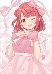 1girl ;d blunt_bangs blush breasts bun_with_braided_base commentary dream_with_you_(love_live!) dress earrings frilled_dress frills gingham_background hair_bun hair_ornament hairclip half_updo highres interlocked_fingers jewelry large_breasts love_live! love_live!_nijigasaki_high_school_idol_club medium_hair official_alternate_costume one_eye_closed open_mouth pink_background pink_dress pink_hair shiromikan single_side_bun three-quarter_sleeves smile solo steepled_fingers swept_bangs uehara_ayumu yellow_eyes