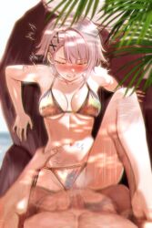 1boy 1girl afterimage alternate_costume art_undertaker bikini bikini_bottom_aside blush breasts breasts_apart clenched_teeth closed_eyes clothing_aside commander_(girls&#039;_frontline) commentary_request girls&#039;_frontline girls&#039;_frontline_2:_exilium gold_bikini grey_hair hair_ornament hetero highres holding_another&#039;s_leg korean_commentary medium_breasts navel penis pov sex short_hair stomach sweat swimsuit teeth torso_grab uncensored vaginal vector_(girls&#039;_frontline) vector_(girls&#039;_frontline_2) x_hair_ornament