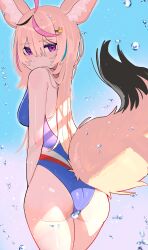 1girl absurdres ahoge alternate_costume alternate_hairstyle animal_ear_fluff animal_ears ass black_hair blonde_hair blue_hair blue_one-piece_swimsuit center-flap_bangs closed_mouth commentary_request competition_swimsuit double-parted_bangs fox_ears fox_girl fox_tail from_behind hair_between_eyes hair_ornament hairclip highleg highres hololive long_hair looking_at_viewer looking_back multicolored_hair omaru_polka one-piece_swimsuit pink_hair purple_eyes solo standing streaked_hair swimsuit tail virtual_youtuber water_drop wet yuuppi