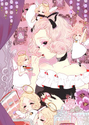 6+girls angel bare_shoulders black_bow black_choker black_eyes black_nails black_shoes blonde_hair book bow choker closed_eyes closed_mouth colored_eyelashes cosmetics curtains double_bun dress eyelashes fingernails flower gem hair_bow hair_bun hair_rollers halo highres holding indoors lips looking_at_mirror looking_at_object looking_at_viewer makeup medium_hair mini_person mirror multiple_girls nail_polish open_book open_mouth original pansy parted_lips picture_frame pink_flower pink_pansy red_lips rouge_(makeup) shoes shoulder_blush smile upper_body white_dress white_flower white_wings wings yellow_halo yukikoutya