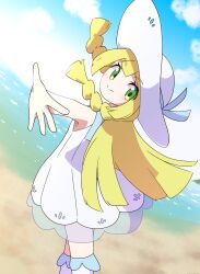 Rule 34 | 1girl, blonde hair, closed mouth, cloud, collared dress, commentary request, day, dress, eyelashes, floating hair, green eyes, hat, hat ribbon, highres, komori541milk, lillie (pokemon), long hair, looking back, nintendo, outdoors, outstretched arm, pokemon, pokemon sm, ribbon, sand, shore, sky, smile, socks, solo, split mouth, spread fingers, standing, sun hat, water, white dress, white hat, white socks