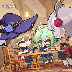 3girls absurdres armor black_shoes blunt_bangs boots braid breasts brown_hair chair chibi closed_eyes closed_mouth commentary copyright_name crossed_legs dot_nose dress english_commentary flower flying_sweatdrops food genshin_impact glasses gloves green_hair grey_hair grey_thighhighs hair_between_eyes hair_flower hair_ornament hat hat_flower high_heels highres holding holding_plate indoors lighter-than-air_pancake_(genshin_impact) lisa_(genshin_impact) long_hair looking_at_another medium_hair multicolored_hair multiple_girls noelle_(genshin_impact) official_art on_chair open_mouth pancake pancake_stack plate purple_hat purple_rope red_flower red_pupils red_rose rope rose semi-rimless_eyewear shoes shoulder_armor sitting smile standing streaked_hair sucrose_(genshin_impact) teapot thighhighs thighs vision_(genshin_impact) white_boots white_gloves witch_hat