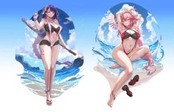 2girls animal_ears armpits arms_behind_head arms_up bare_shoulders barefoot beach bikini black_bikini blue_sky blush braid breasts cleavage earrings flip-flops flower folding_fan fox_ears full_body genshin_impact hair_flower hair_ornament hand_fan high_heels highres jewelry large_breasts long_hair looking_at_viewer low-braided_long_hair low-tied_long_hair mole mole_under_eye multiple_girls nail_polish navel oil-paper_umbrella one-piece_swimsuit pink_hair purple_eyes purple_hair purple_one-piece_swimsuit purple_slingshot_swimsuit raiden_shogun red_one-piece_swimsuit red_slingshot_swimsuit sandals shoes shore sidelocks sky slingshot_swimsuit smile swimsuit tinnies umbrella unworn_sandals unworn_shoes very_long_hair yae_miko