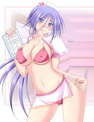 1girl bikini blue_eyes blue_hair breasts covered_erect_nipples female_focus futami_masaki glasses groin hat highres large_breasts lingerie long_hair matching_hair/eyes miniskirt mouth_hold navel nurse nurse_cap original red_bikini side-tie_bikini_bottom sideboob skindentation skirt solo standing string_bikini swimsuit underboob underwear