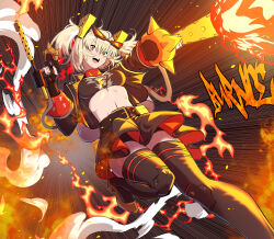 1girl absurdres black_gloves blonde_hair burnice_white fingerless_gloves fire flamethrower gloves highres midriff motion_lines red_eyes samacho speed_lines thighhighs twintails weapon zenless_zone_zero zettai_ryouiki
