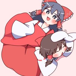 2girls :d black_eyes black_hair blush bow bright_pupils brown_hair closed_eyes commentary_request cookie_(touhou) dress frilled_bow frilled_hair_tubes frills full_body hair_bow hair_tubes hakurei_reimu highres hotaruda_(cookie) long_hair long_sleeves medium_hair multiple_girls open_mouth pink_background red_bow red_dress sakenomi_(cookie) sidelocks sleeves_past_fingers sleeves_past_wrists smile touhou triangle_mouth white_pupils white_sleeves wide_sleeves y75zei