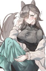 1girl absurdres adjusting_eyewear animal_ears aqua_skirt arknights bespectacled black_sweater blush breasts brown_eyes brown_hair closed_mouth commentary_request earrings embarrassed extra_ears eyes_visible_through_hair feet_out_of_frame glasses grey_jacket hair_over_one_eye hand_up highres jacket jewelry large_breasts long_skirt long_sleeves looking_at_viewer mo_komo_momo mole mole_above_eye off_shoulder official_alternate_costume open_clothes open_jacket penance_(arknights) penance_(occasionally_flushed)_(arknights) round_eyewear sitting skirt solo sweater tail translated wolf_ears wolf_girl wolf_tail
