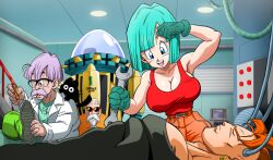 1girl 3boys age_difference android_16 armpits bald bare_shoulders beard black_cat blue_eyes breasts bulma capsule_corp cat cigarette cleavage closed_eyes dragon_ball dragonball_z earrings facial_hair father_and_daughter glasses gloves green_hair green_shirt highres hoop_earrings indoors jewelry large_breasts legs lying medium_hair mr._briefs multiple_boys mustache muten_roushi old old_man open_mouth orange_pants pants purple_hair red_tank_top shirt shoes sleeveless smile smoking standing sunglasses tama_(dragon_ball) tank_top thighs wrench yamamoto_doujin