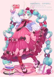 1girl animal_ears aqua_hair azaka_(pipponao) black_bow blue_jacket boots bow cute_x_subculture_hatsune_miku_design_contest dress fashion faux_figurine hashtag-only_commentary hatsune_miku heart heart-shaped_hair highres holding holding_phone jacket lolita_fashion long_hair multi-tied_hair multicolored_hair phone pink_bow pink_dress rabbit_ears selfie streaked_hair sweet_lolita very_long_hair vocaloid watermark