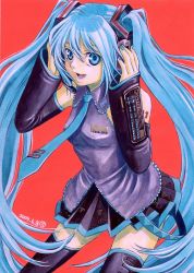 00s 1girl 2009 acrylic_paint_(medium) aqua_hair black_skirt black_thighhighs blue_eyes blue_hair copyright_name dated detached_sleeves fingernails ganyapin hair_between_eyes hatsune_miku headphones long_hair necktie nib_pen_(medium) open_mouth painting_(medium) pen_(medium) pleated_skirt red_background sasaki_tamaki simple_background skirt sleeves_past_wrists thighhighs traditional_media twintails very_long_hair vocaloid zettai_ryouiki