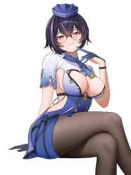 1girl absurdres black_hair black_pantyhose blue_dress blue_gloves blue_hat blue_scarf blush breasts brown-framed_eyewear cleavage crossed_legs dress flight_attendant flight_attendant_hat glasses gloves half_gloves hat head_tilt highres kai_si_(hscn5578) large_breasts looking_at_viewer multicolored_hair official_alternate_costume over-rim_eyewear pantyhose purple_eyes purple_hair round_eyewear scarf semi-rimless_eyewear short_dress short_hair short_sleeves simple_background sitting smile snowbreak:_containment_zone solo streaked_hair thighs travel_attendant vidya_shannon white_background